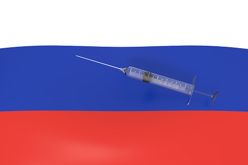 Doping: 3d Russian flag with a syringe, 3d illustration