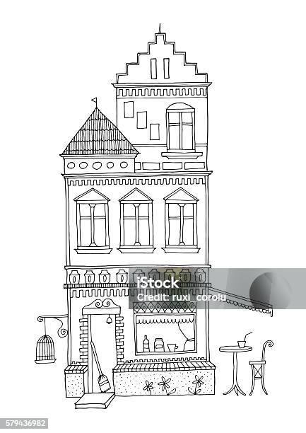 Decorated Urban House With Cafe Bar At Ground Floor Stock Illustration - Download Image Now