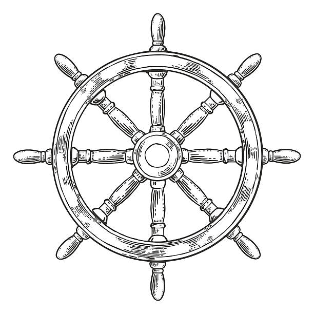 koło statku odizolowane na białym tle. - engraving engraved image activity nautical vessel stock illustrations