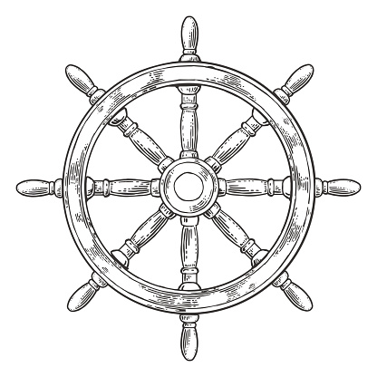 Ship wheel isolated on white background. Vector vintage engraving illustration.
