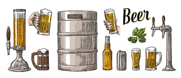 Vector illustration of Beer set two hands holding glasses and can, keg, bottle