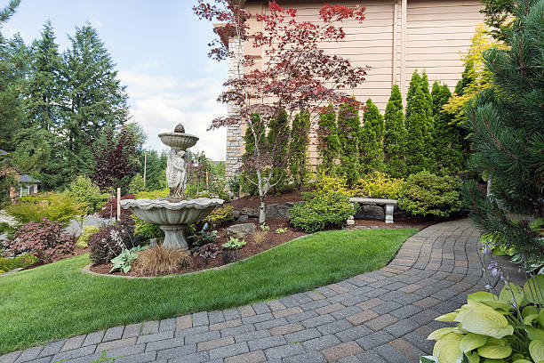 istock House Manicured Frontyard with Water Fountain 579441244