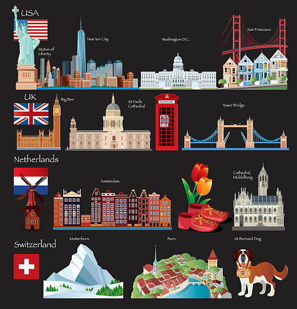 세계 여행 기호들 - usa netherlands stock illustrations
