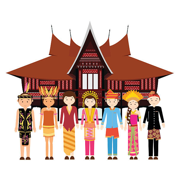 ilustrações, clipart, desenhos animados e ícones de grupo étnico da indonésia vestindo roupas tradicionais na frente de - dayak