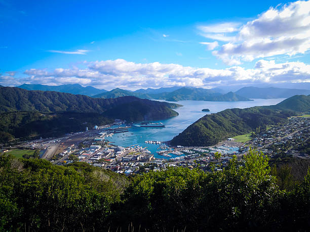 Panoramic view of Picton, New Zealand stock photo