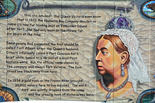 Victoria BC, Canada, August 24th 2015.A mural telling of The Hudson Bay Company and the naming of Victoria BC after Queen Victoria in 1858.