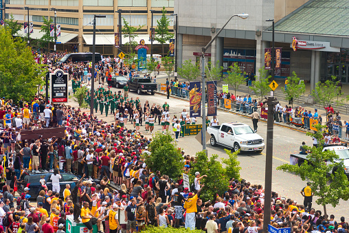 Cleveland, United States - June 22, 2016: The band from LeBron James' alma mater, St Vincent-St Mary in Akron, marches past cheering crowds in the Cavs' NBA championship parade.