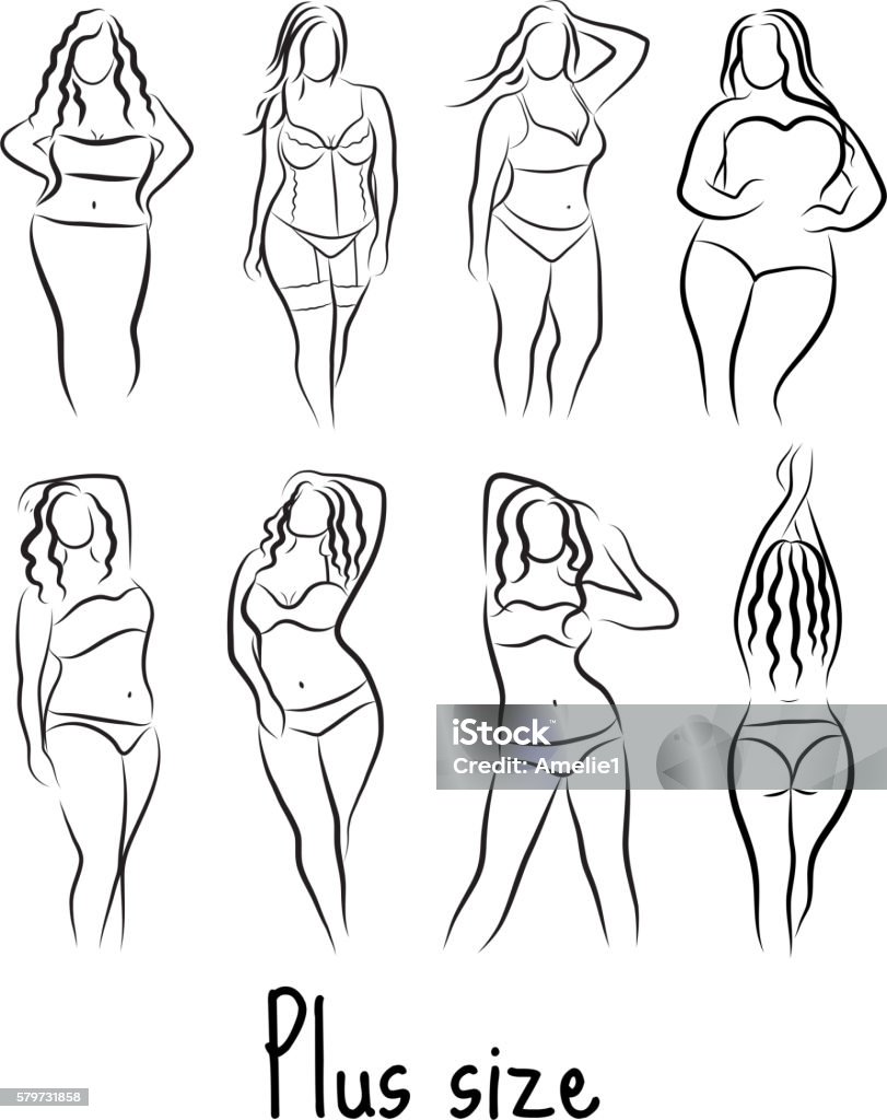 Vetores de Definir Modelo De Silhueta Girl Plus Size Símbolo De Mulher