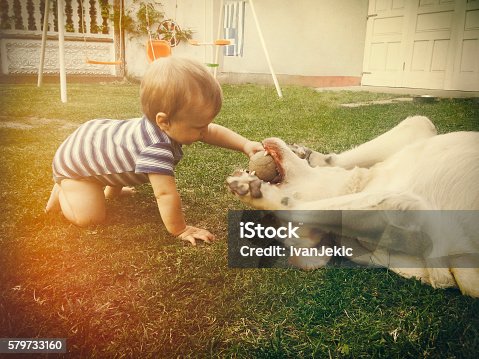 istock Baby boy playing with his dog in retro tones 579733160