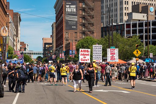 Cleveland, United States - July 20, 2016: A hard-core extremist religious group harangues the crowds on Prospect Avenue during the Republican National Convention.