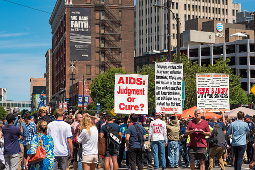 Cleveland, United States - July 20, 2016: A hard-core extremist religious group draws a crowd of the curious onlookers on Prospect Avenue during the Republican National Convention.