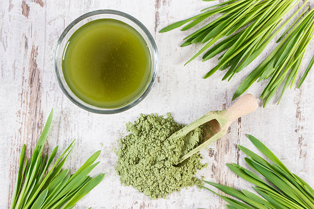 cevada relva com bebidas e jovens pó de cevada, corpo desintoxicação - barley grass imagens e fotografias de stock