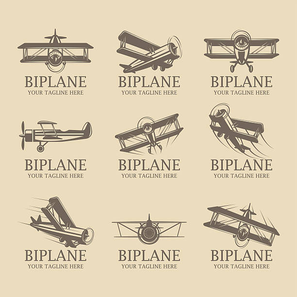 illustrations, cliparts, dessins animés et icônes de logos biplans - airplane biplane retro revival old fashioned