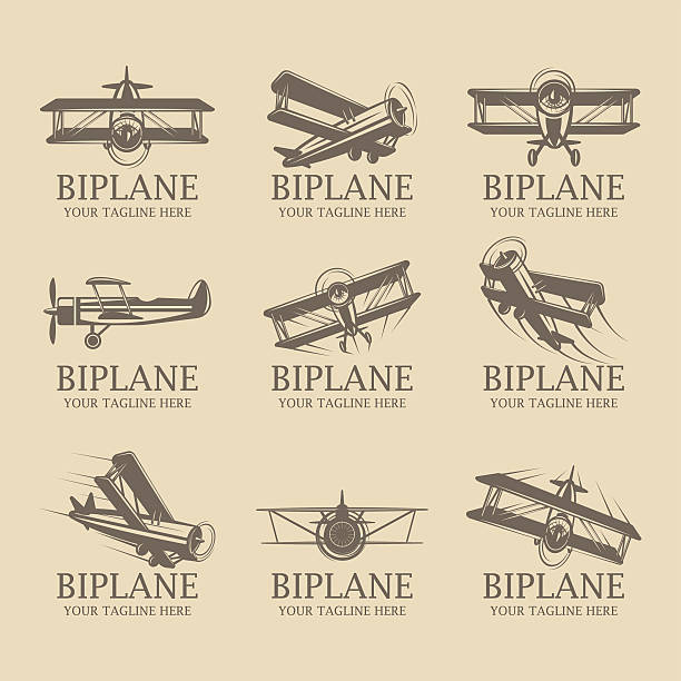 ilustrações, clipart, desenhos animados e ícones de logotipos biplano - airplane biplane retro revival old fashioned