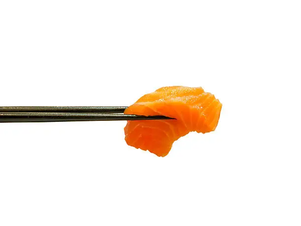 red salmon fish slice sashimi in chopsticks isolated on white background, salmon sashimi