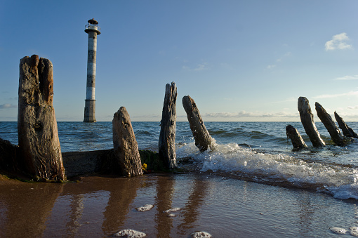 Skew lighthouse, stormy night, beach. Kiipsaar, Harilaid, Saaremaa, Estonia, Europe.