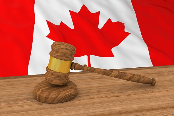 concept de droit canadien - drapeau du canada derrière le marteau du juge - canadian flag flag trial justice photos et images de collection