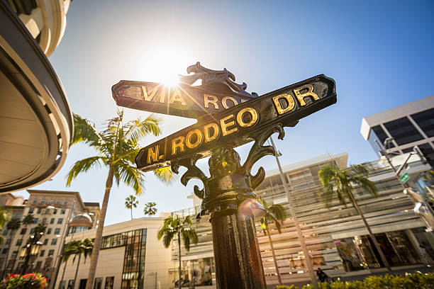 Rodeo Drive road marker in the Beverly Hills shopping district of Los Angeles California USA