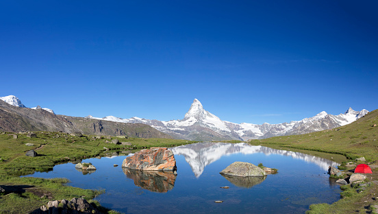 Two tents, view to Matterhorn at sunny a day