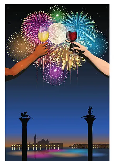 Vector illustration of Festa del Redentore[Fireworks and full moon and wine]