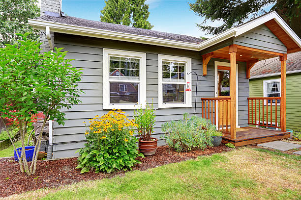 istock Small American house with gray exterior paint. 579743882