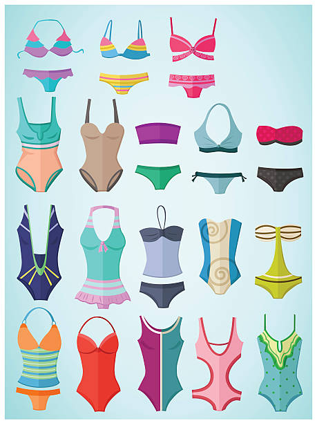 Swimwear in flat design Set of swimwear in flat design polka dot bathing suit stock illustrations