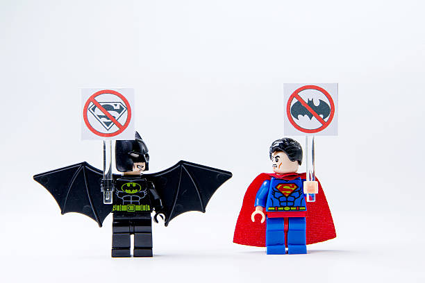 Lego minifigure Batman and Superman. Nonthabure, Thailand - May 22, 2016: LEGO minifigure Batman and Superman.The lego Batman and Superman mini figures from movie .Lego is an interlocking brick system collected around the world. superman named work stock pictures, royalty-free photos & images