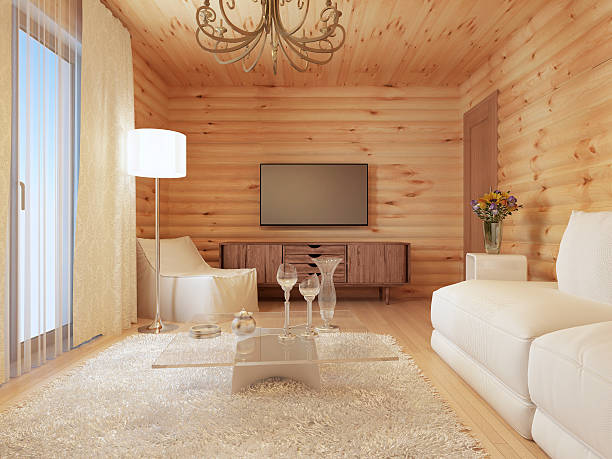 istock living interior in log house with the console and TV. 579754156