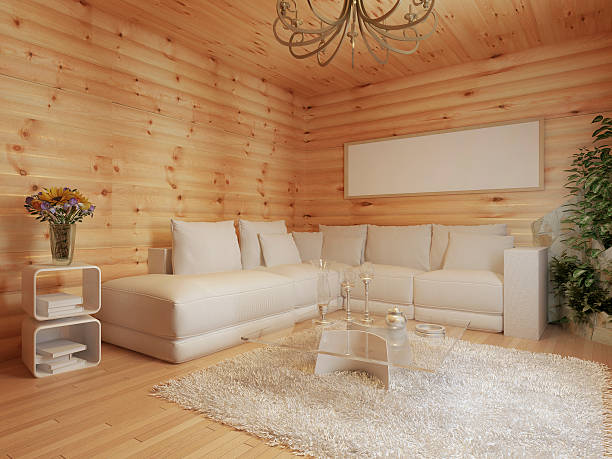 istock living room interior in a log house. 579754360