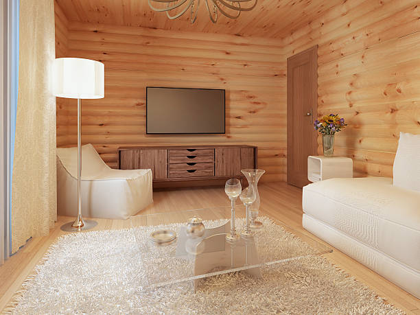 istock living interior in log house with the console and TV. 579754576