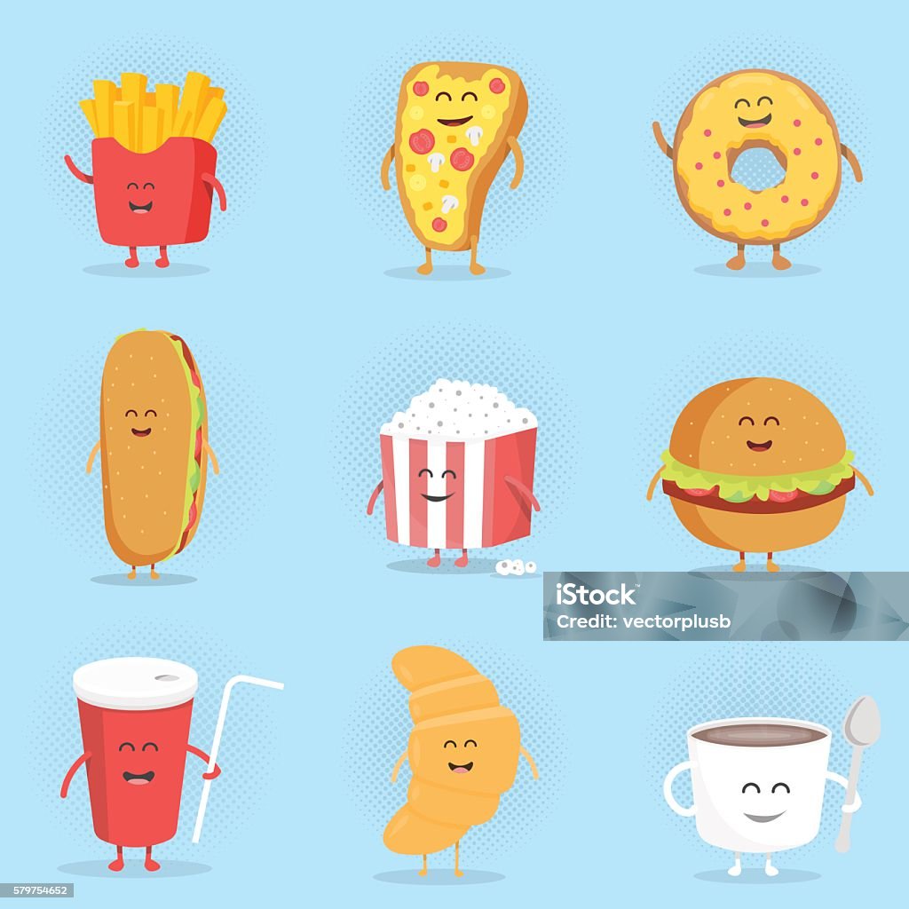 Set of cute cartoon fast food characters. Set of cute cartoon fast food characters . French fries , pizza , donut , hot dog , popcorn , hamburger , cola , croissant and coffee mug . Template for menu of cafes and restaurants . Kids food. Cartoon stock vector