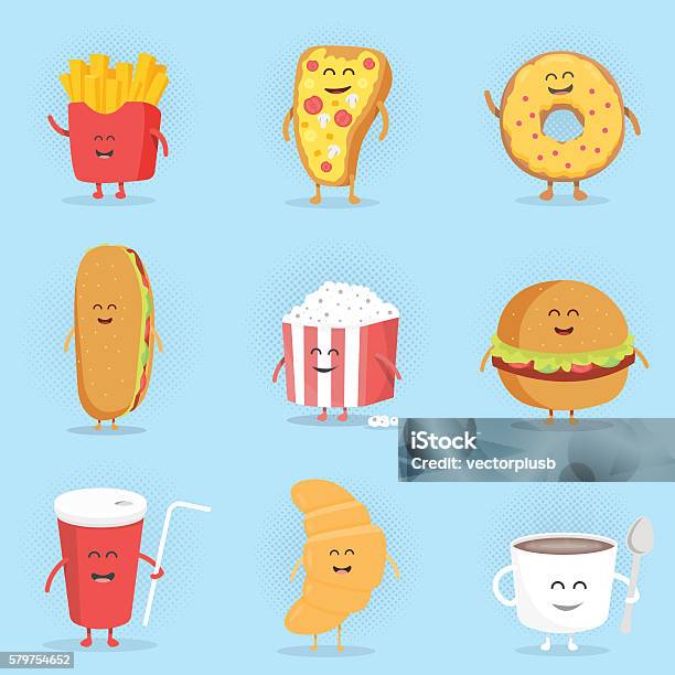 Set Of Cute Cartoon Fast Food Characters Stock Illustration - Download Image Now - Cartoon, Food, Burger