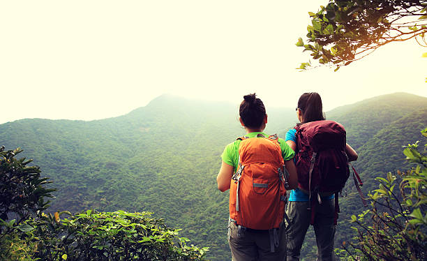 istock two successful hikers enjoy the view on mountain peak 579754806