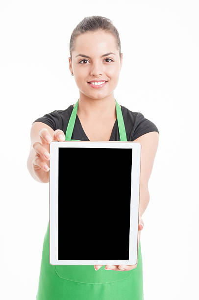 istock Happy young hypermarket seller holding modern tablet 579756208