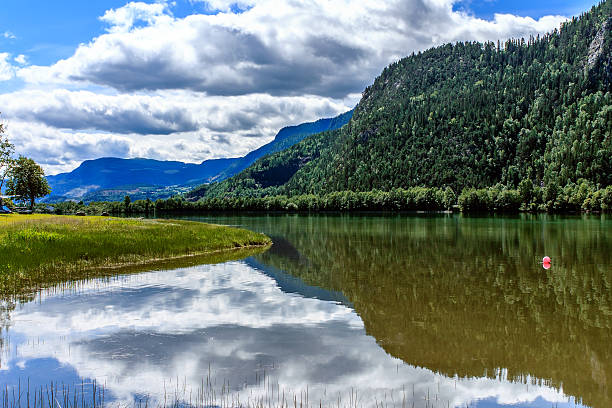 Mountain and lake Mjosa, Norway stock photo