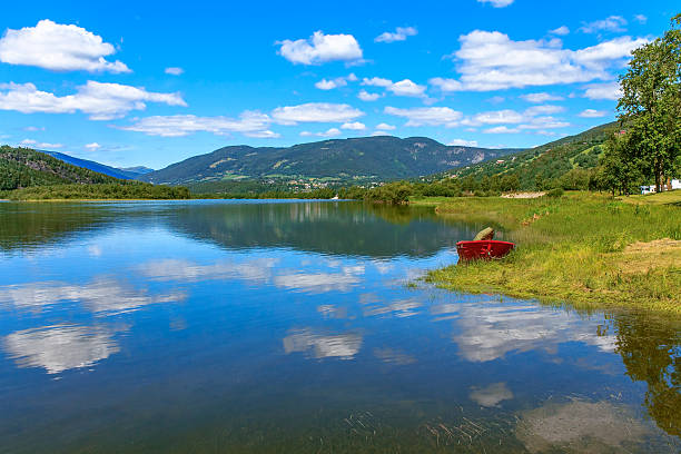 Mountain and lake Mjosa, Norway. Nature and travel background.