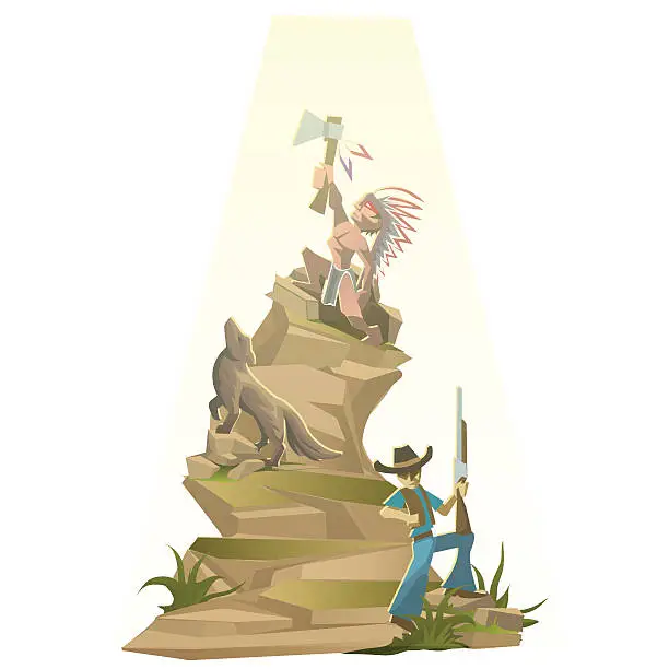 Vector illustration of Indian with tomahawk on mountain top
