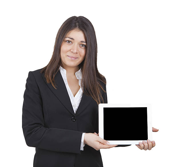 istock Businesswoman showing tablet 579758316