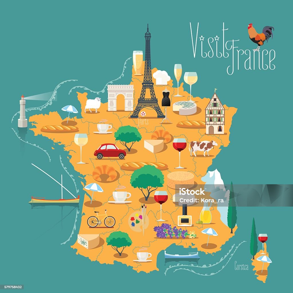 Map of France vector isolated illustration Map of France vector isolated illustration. Set of icons with French Eiffel tower, Paris symbol, croissant, baguette, Alps, other landmarks. Travel to France concept France stock vector