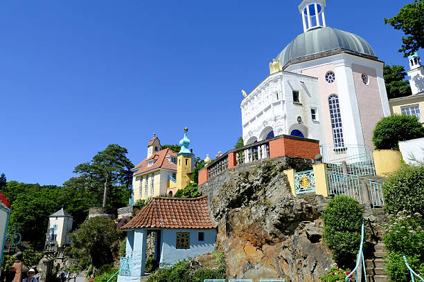 Portmeirion, Wales. Portmeirion, North Wales, UK. July 18, 2016. Italian designed buildings built into the rock at the top Tourist attraction of Portmeirion. portmeirion stock pictures, royalty-free photos & images