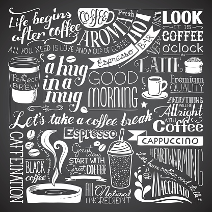 A coffee related chalkboard drawing background. Each object is grouped individually.