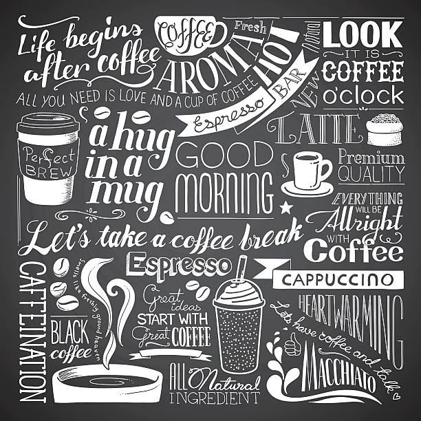 coffee icon wallpaper A coffee related chalkboard drawing background. Each object is grouped individually. coffee cup illustrations stock illustrations