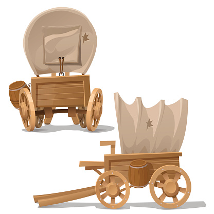 Old wooden cart with shot through canopy, vector image in two perspectives