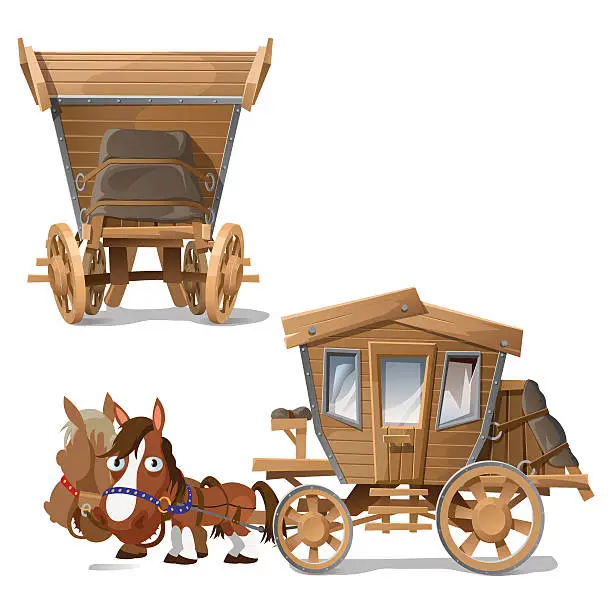 Vector illustration of Wooden coach pulled by horses, two perspectives