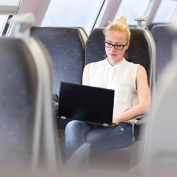 istock Woman travelling by train working on laptop. 579764738