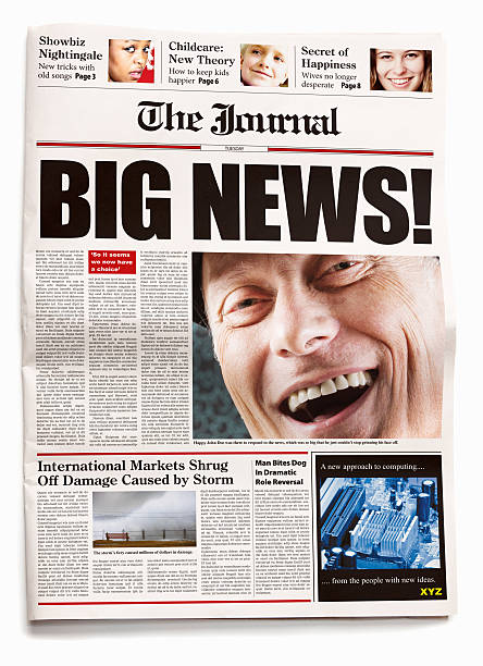 Newspaper front page reads "BIG NEWS!" with smiling man visual A newspaper (The Journal, imaginary and created by the photographer) has a front page article headlined "BIG NEWS!" and is illustrated by a photograph of a man giving a big, happy smile. front page stock pictures, royalty-free photos & images