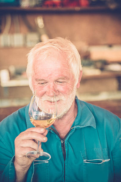 istock Senior Man with Beard Drinking Glass of White Wine 579767036