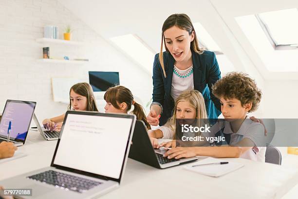 Kids Coding In School Stock Photo - Download Image Now - Child, Computer, Classroom