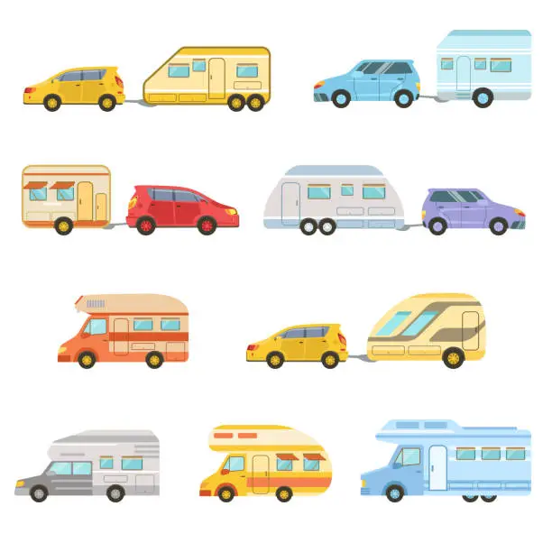 Vector illustration of Colorful Rv Minivan With Trailer Set Of Icons