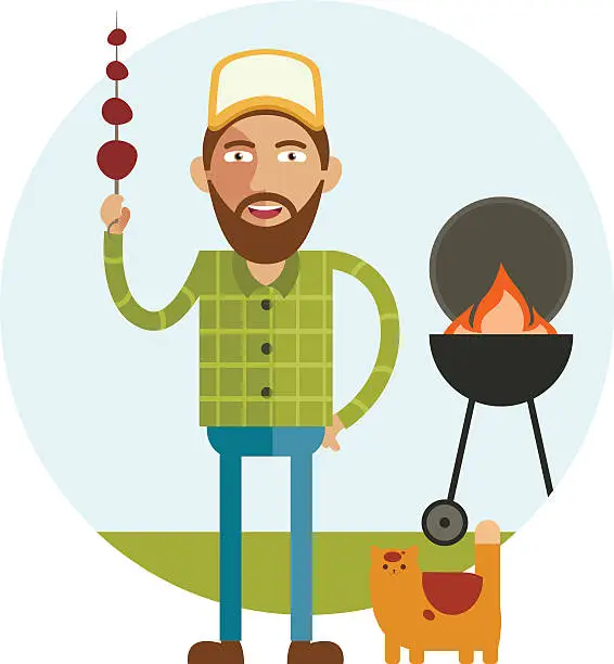 Vector illustration of Barbecue and man with cat